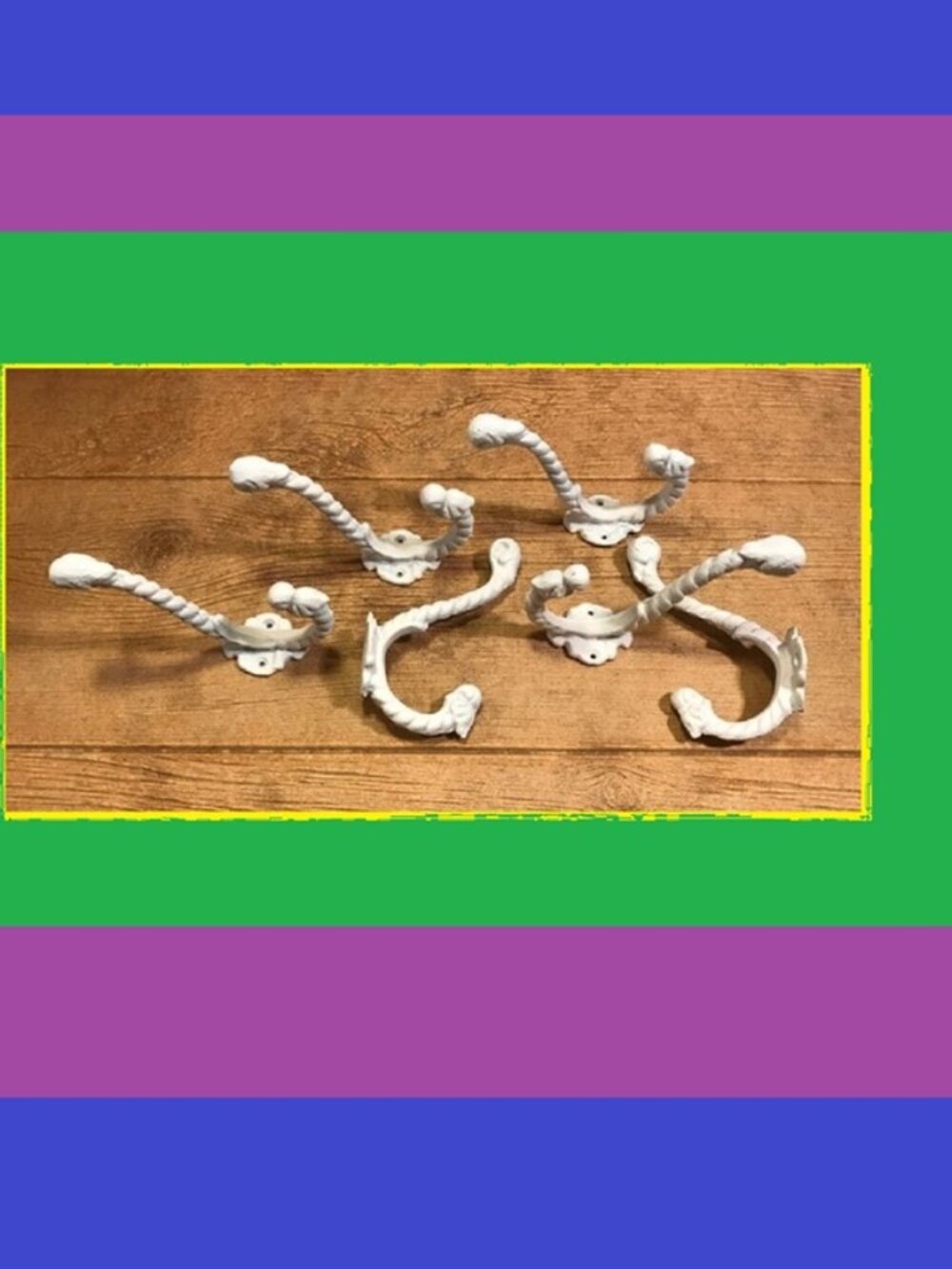 Six White Cast Iron Rope Wall Hooks 7" long Protrudes 4.75" & 3.5" Six (6) 01209
